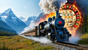 A digital depiction of a classic steam locomotive emerging from a slot machine interface, against the backdrop of the Canadian Rockies, representing the fusion of Canada's railway heritage with modern online casino gaming.