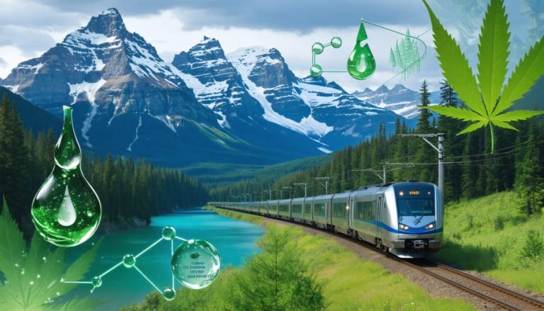 Conceptual representation of a VIA Rail train journey through the Canadian Rockies with subtle CBD imagery, highlighting the intersection of travel and wellness.