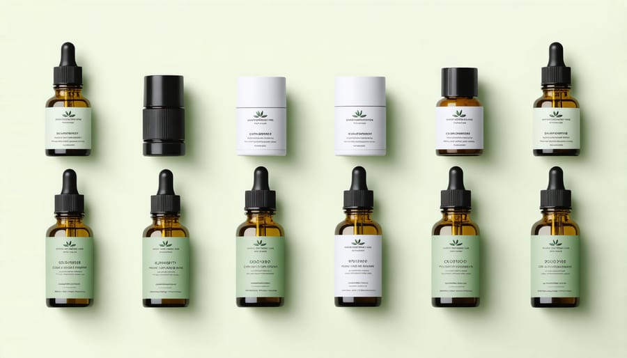 Various CBD products with compliant labels and travel documentation displayed