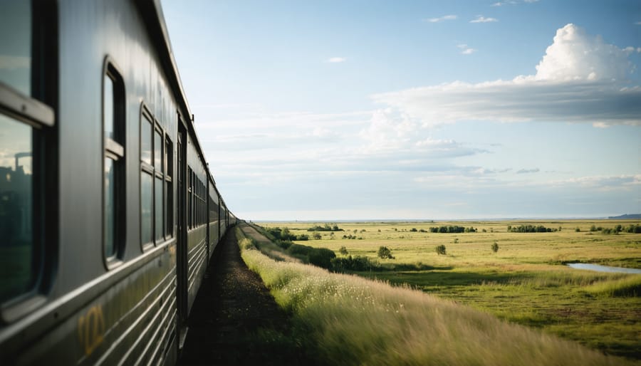 Railway tracks stretching across Canadian prairie landscape at golden hour sunset
