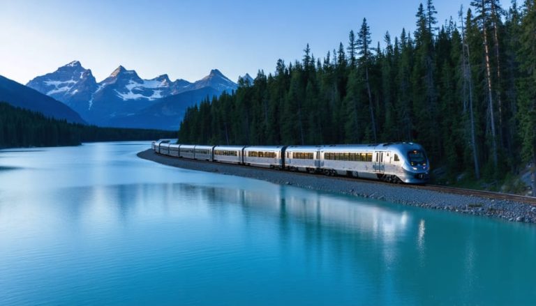 Stainless-steel transcontinental train with a domed observation car curving beside a turquoise lakeshore in the Canadian Rockies at golden hour, with snow-capped mountains and pine forest in the background.