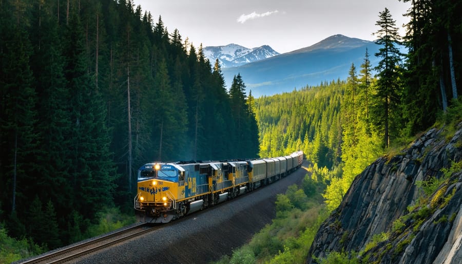 VIA Rail passenger train traveling through Canadian wilderness with forests and mountains