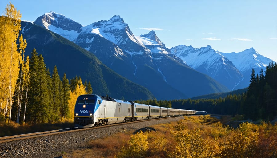 VIA Rail train traveling through Canadian Rocky Mountains with snow-capped peaks
