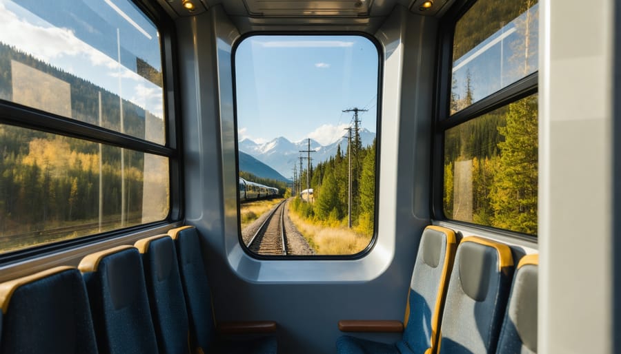Interior of VIA Rail observation car with large panoramic windows and comfortable seating