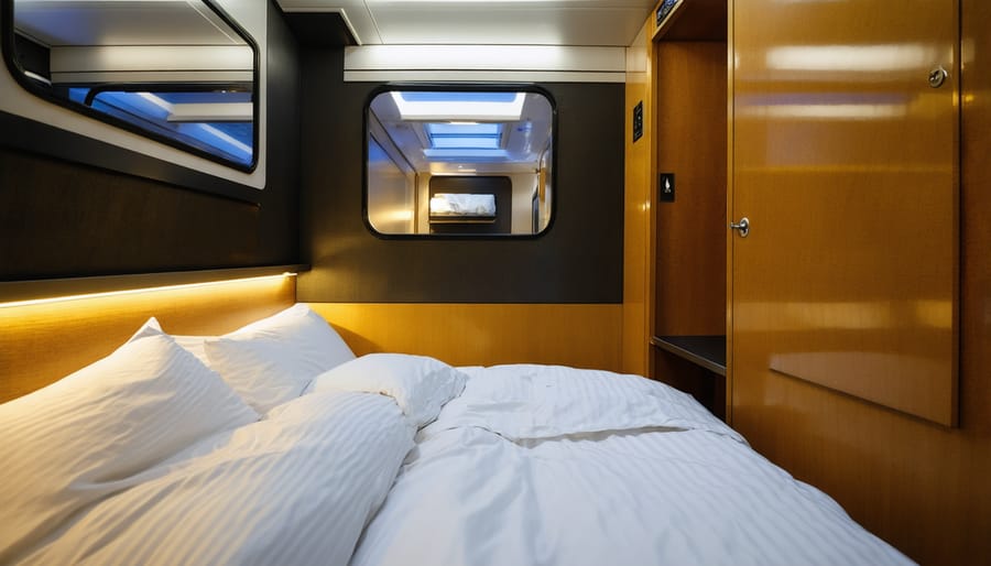 Interior view of VIA Rail sleeper cabin with seating and scenic window view