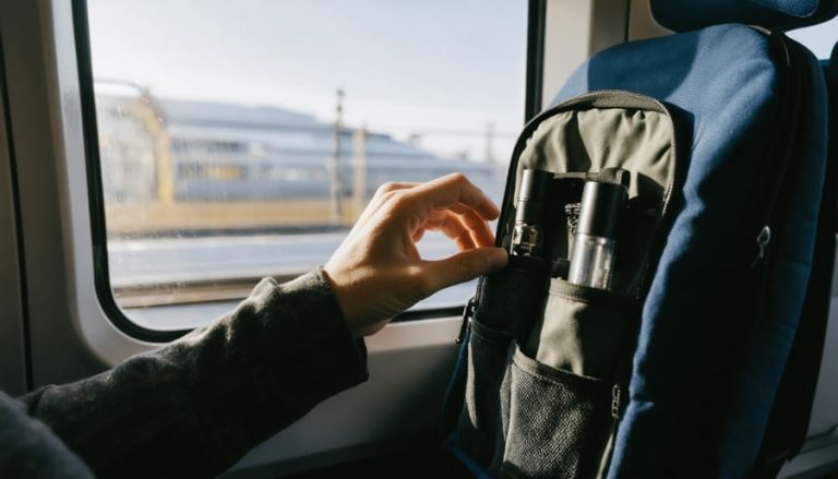 Traveler placing a sealed, unlabeled vape cartridge case into an odor-proof pouch inside an open carry-on on a modern Canadian train, with a separate black vape battery in another pocket and a blurred view of forests and mountains through the window.