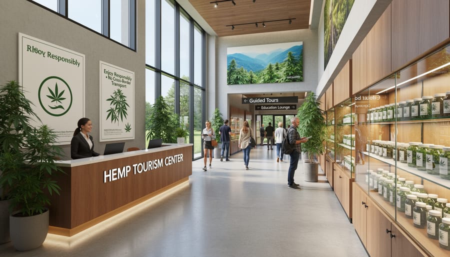 Exterior view of a modern cannabis facility entrance with natural greenery in the background