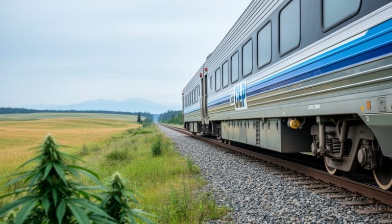 A modern Canadian passenger train traveling through scenic prairie landscape with hemp plants visible near the route in soft focus.