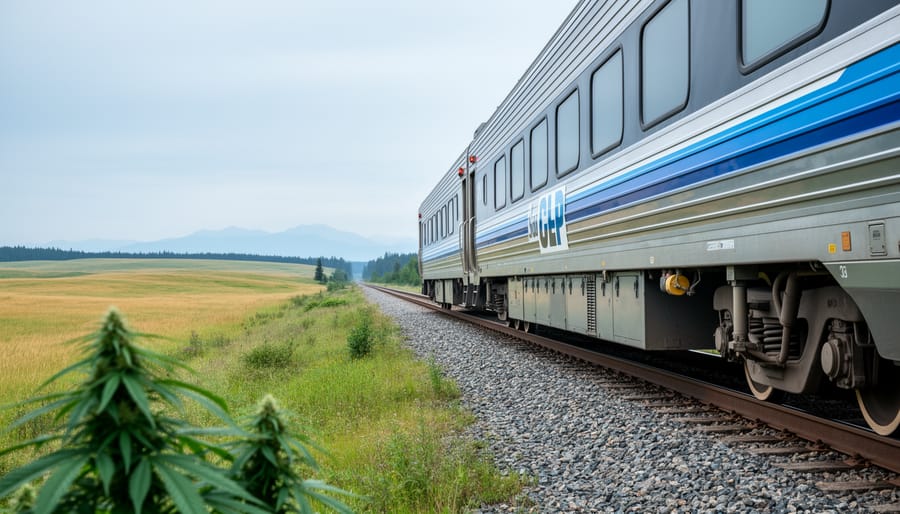 A modern Canadian passenger train traveling through scenic prairie landscape with hemp plants visible near the route in soft focus.