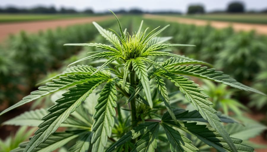 Macro close-up of vibrant green hemp leaves and buds in warm sunlight
