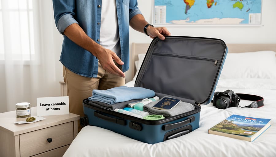 Open suitcase on a hotel bed with travel documents and essentials arranged, suggesting responsible packing