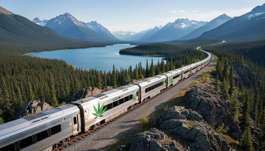Passenger train traveling alongside Canadian evergreen forests and a lake under an overcast sky