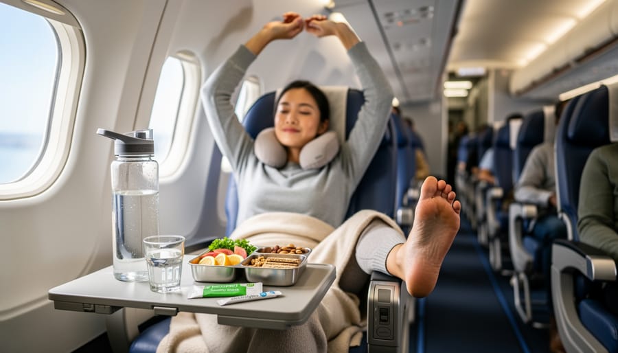 Sleeper train cabin with a made bed and travel essentials like water bottle, fruit, and sneakers on a side table