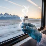 Dawn view through a passenger train window across Canadian prairie with a close-up vial and faint glowing mitochondrial energy motif in the foreground.