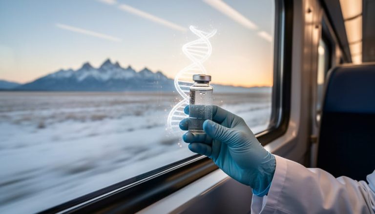 Dawn view through a passenger train window across Canadian prairie with a close-up vial and faint glowing mitochondrial energy motif in the foreground.