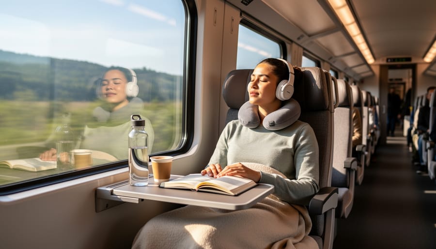 Traveler sitting in a train carriage holding a warm drink and looking out the window at the Canadian landscape