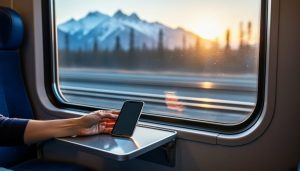 Traveler in a Canadian train window seat holding a smartphone while scenery passes outside in warm golden light with mountain and forest silhouettes in the background.