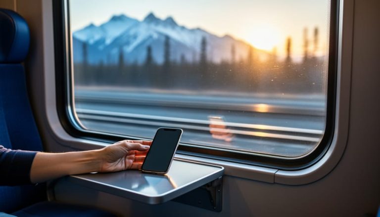 Traveler in a Canadian train window seat holding a smartphone while scenery passes outside in warm golden light with mountain and forest silhouettes in the background.