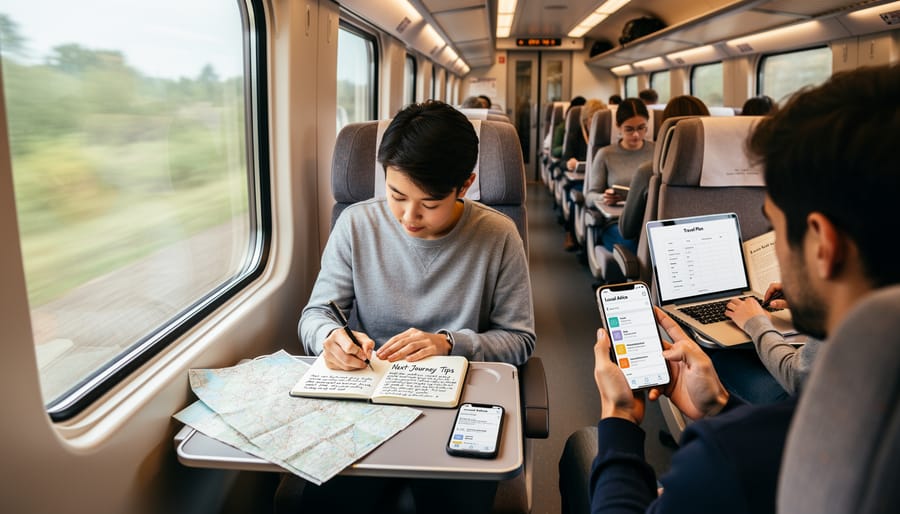 Travelers in a Canadian train carriage looking out the window at dusk while holding notes and boarding passes